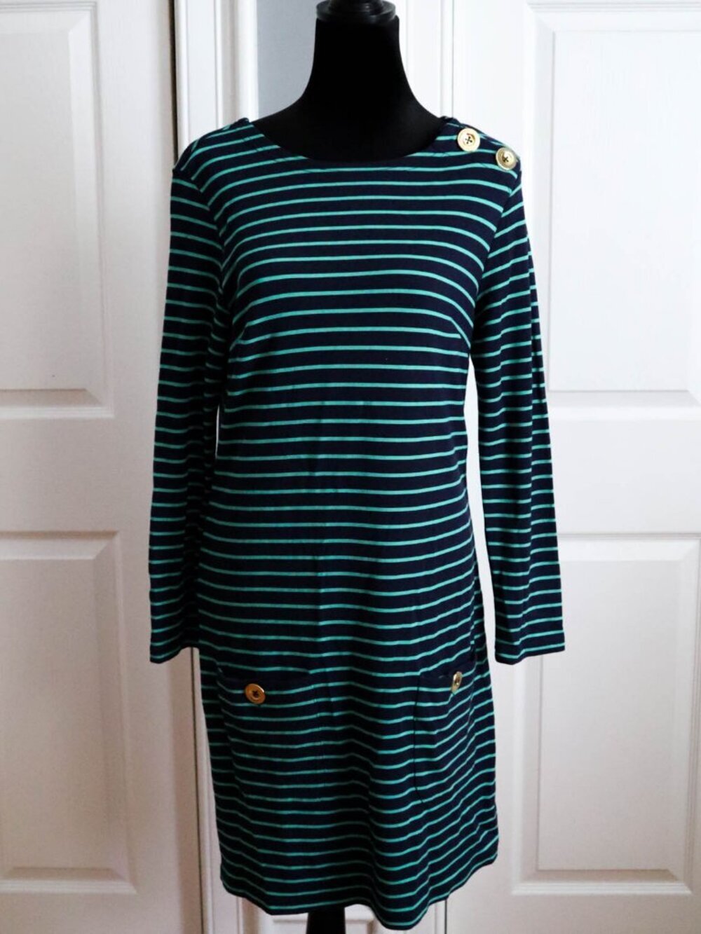 Sail to Sable Long Sleeve Tunic Shift Dress Navy & Green Striped Sz S Nautical